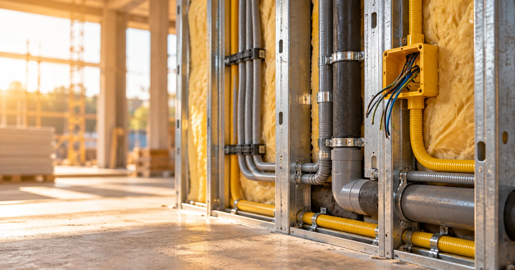 Technical services and electrical cables installed inside an open wall
