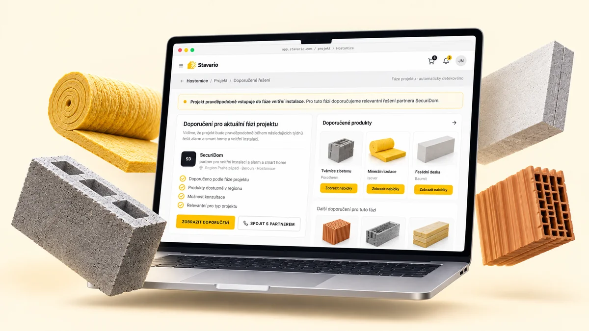 Ilustrační vizuál: notebook s rozhraním Stavario obklopený stavebními materiály