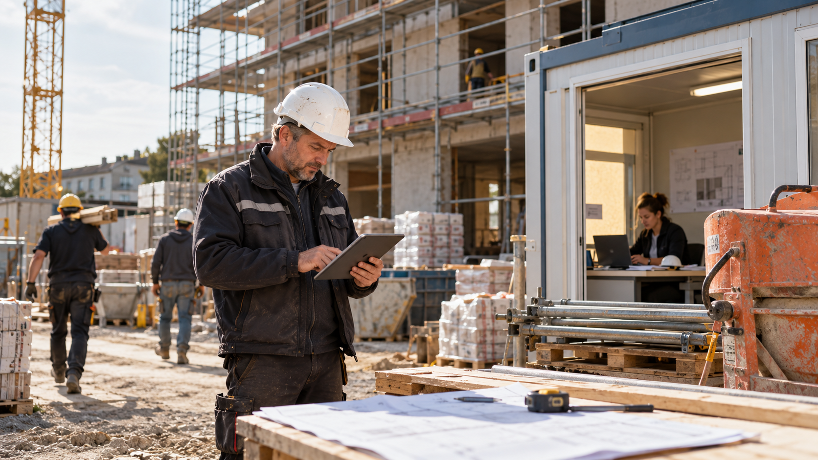 Bauleiter nutzt Baustellenmanagement-Software auf dem Tablet zur Koordination von Baustelle und Büro