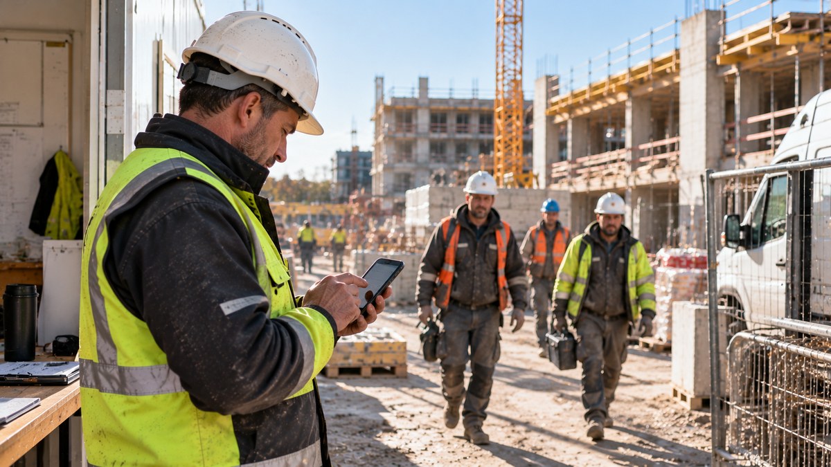 Chef de chantier enregistrant le temps de travail de son équipe sur un chantier