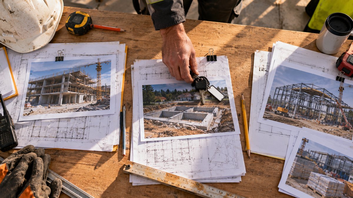Main déplaçant une clé d’engin entre les plans de plusieurs chantiers