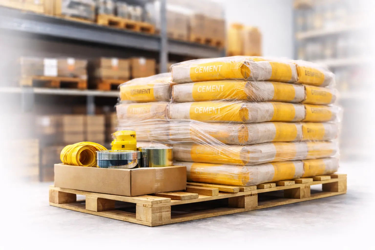 Bags of cement stacked on a pallet in a construction company warehouse