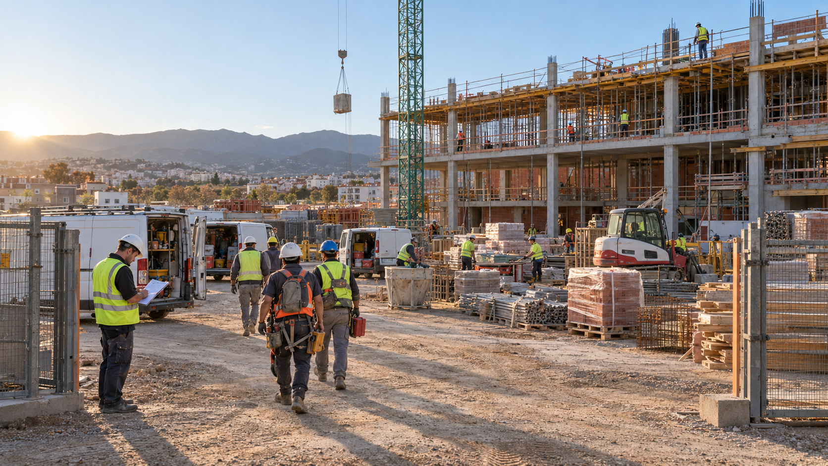 Cuadrillas de construcción al inicio de la jornada en una obra mientras un encargado revisa el parte horario