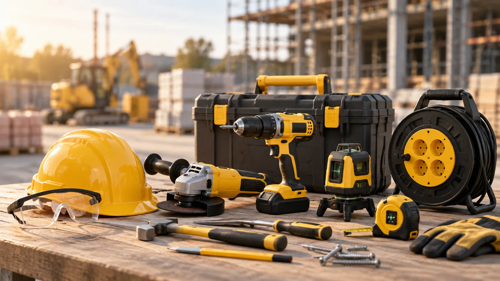 Construction tools and protective equipment prepared for issue on a jobsite