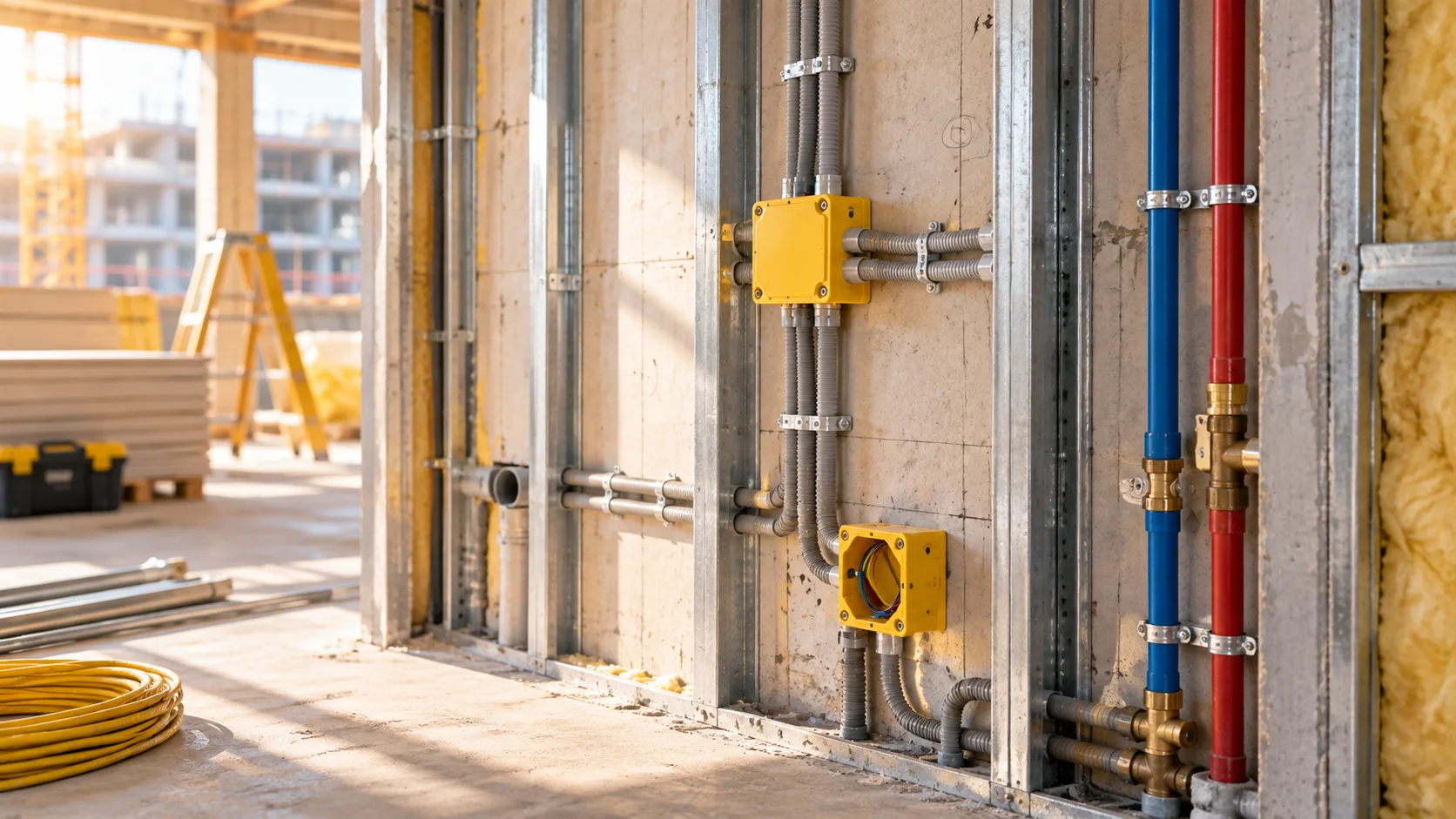 Electrical and water services visible before a wall is closed