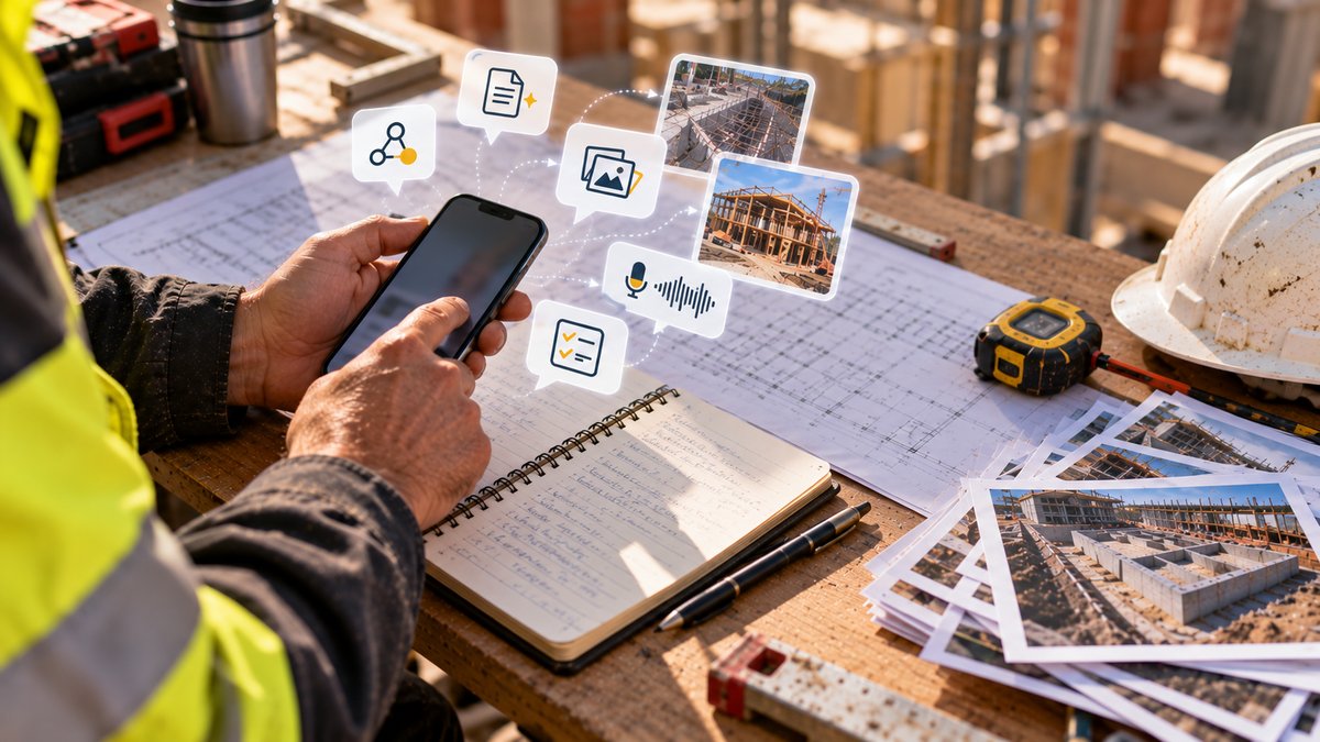 Conducteur de travaux utilisant un smartphone avec des icônes de documents, photos, voix et tâches sur un chantier