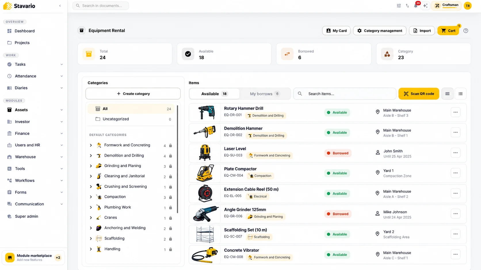 Stavario equipment rental overview showing available and borrowed construction tools