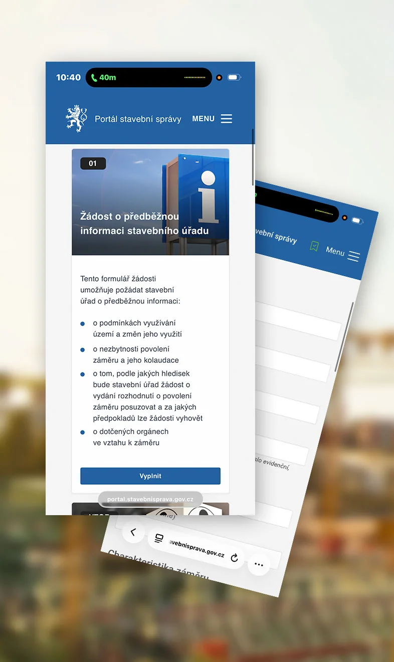Portál stavební správy – výběr formuláře na mobilu